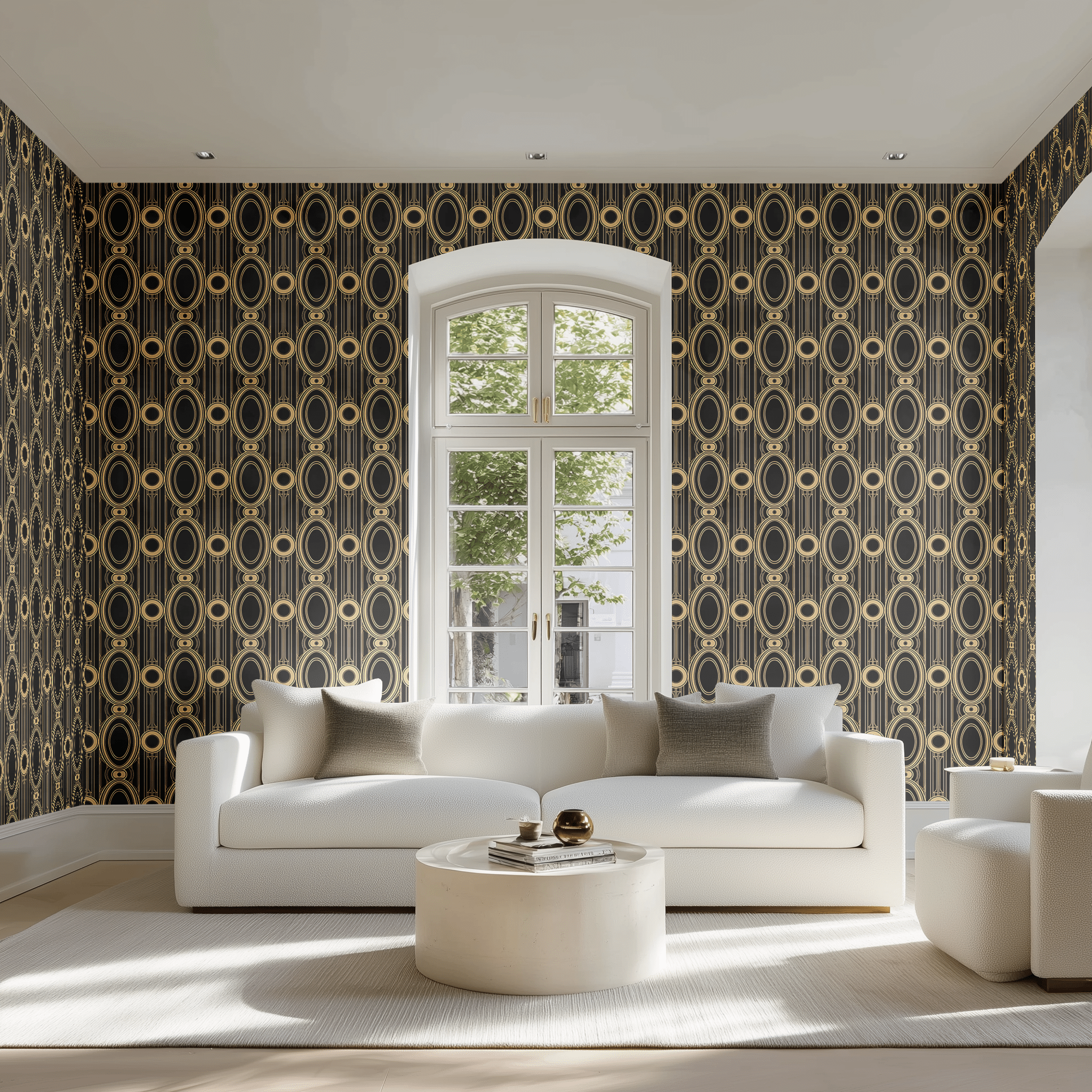 Papel tapiz Óvalos Art Déco Oro y Negro