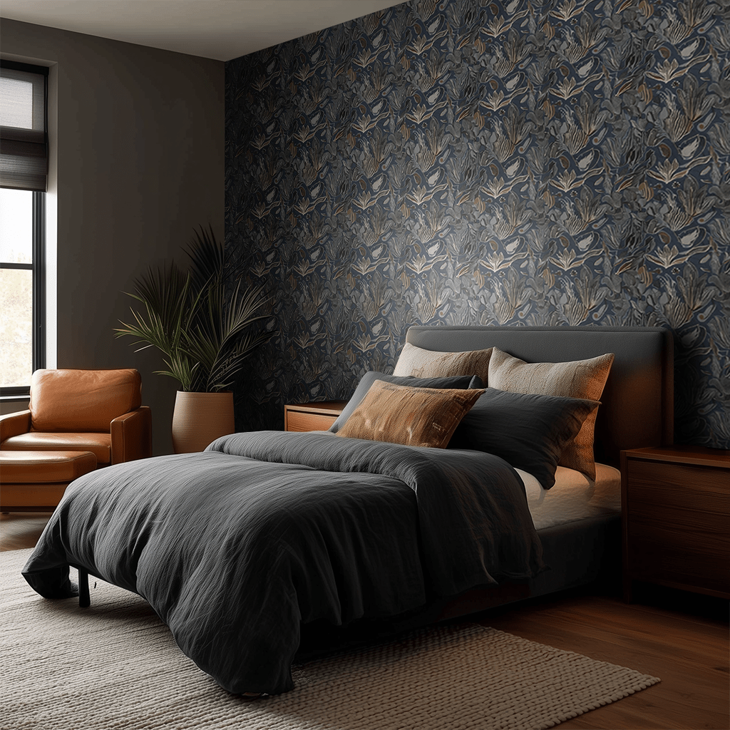 Papel tapiz Follaje Azul Gris y Arena