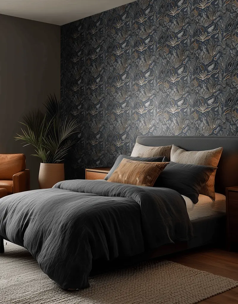 Papel tapiz Follaje Azul Gris y Arena