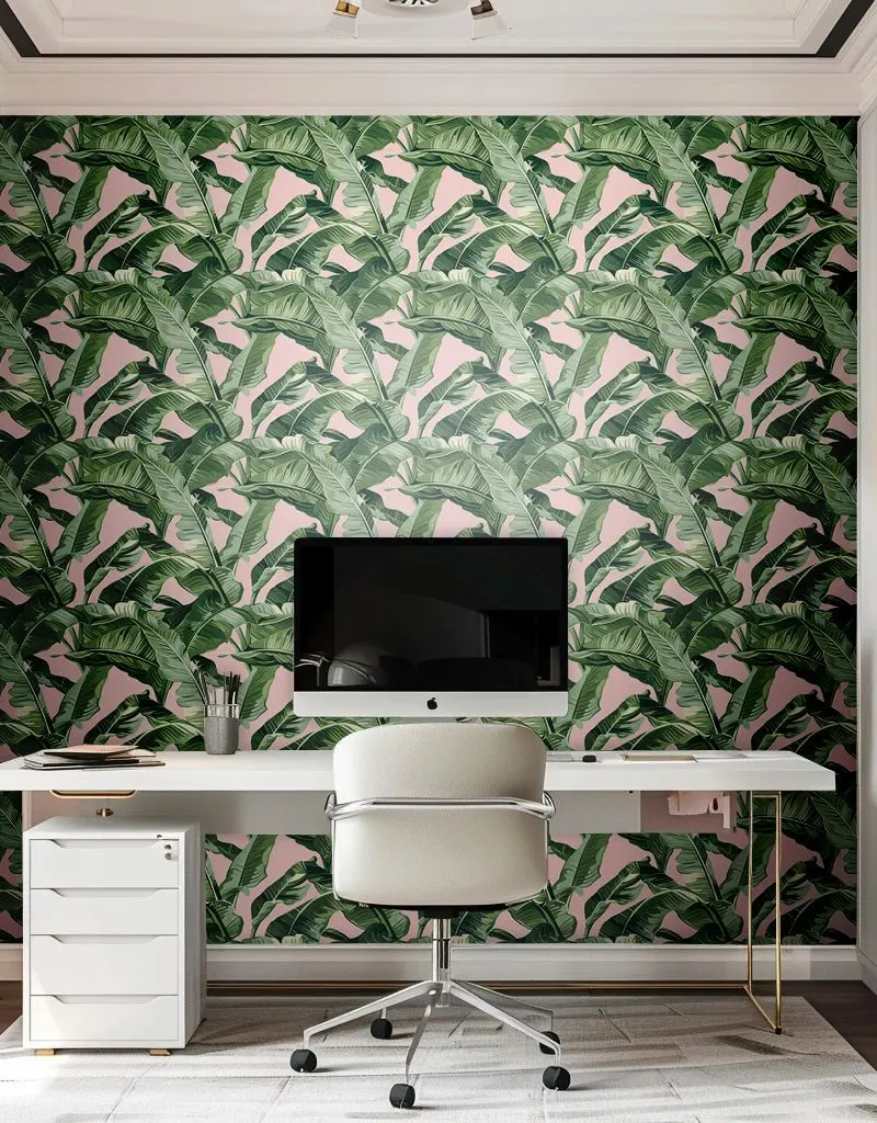 Papel tapiz Hojas Tropicales Fondo Rosa