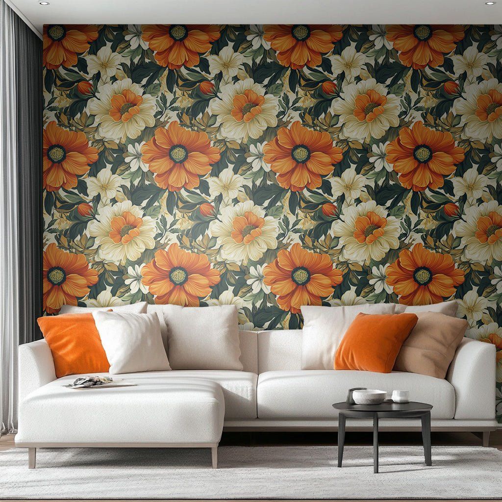 Papel tapiz Flores Naranja y Marfil