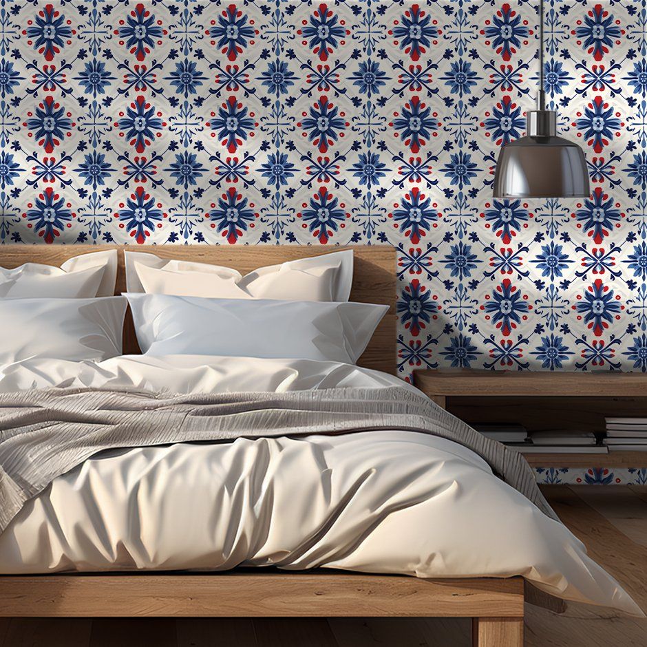 Papel tapiz Flores Geométricas Azul y Rojo
