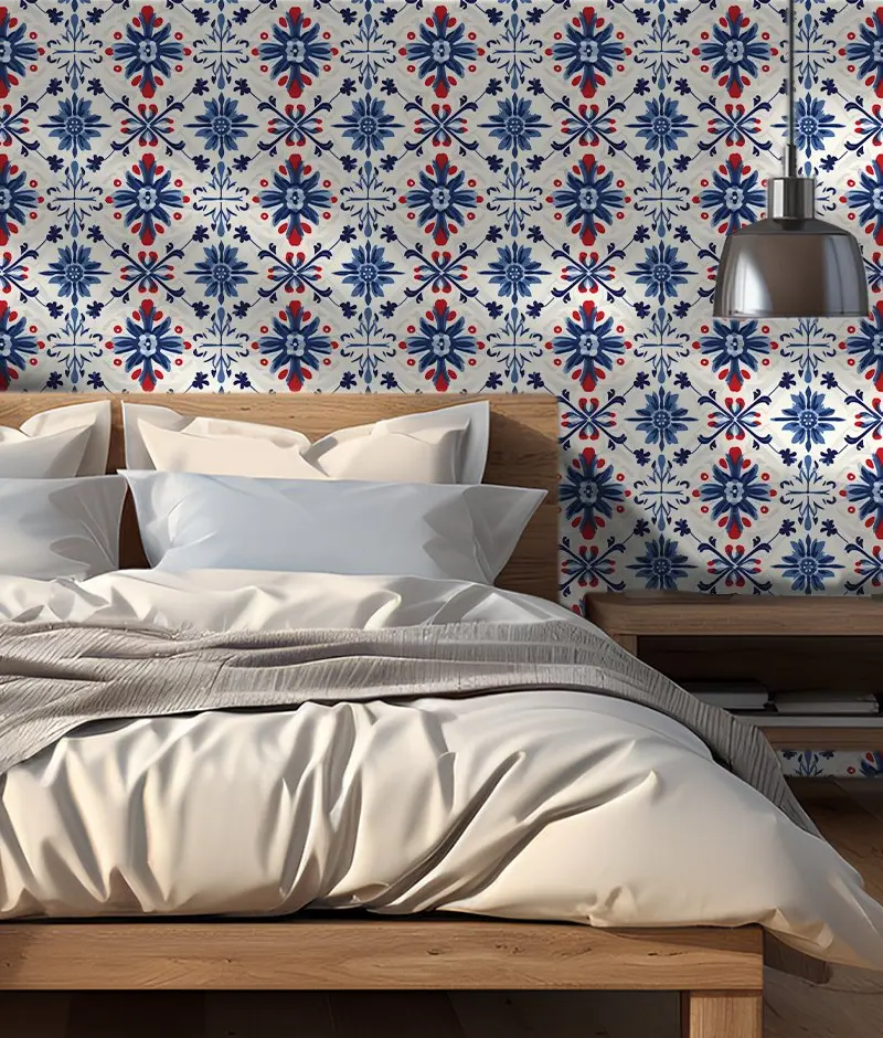 Papel tapiz Flores Geométricas Azul y Rojo