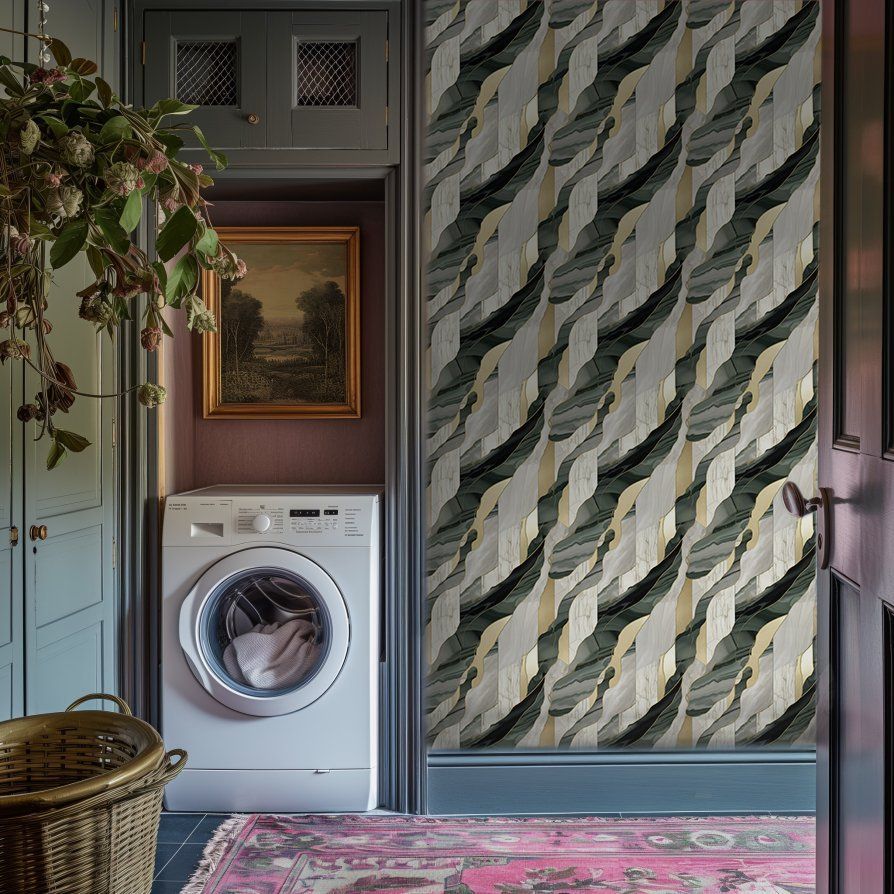 Papel tapiz Ondas Mármol Verde y Oro