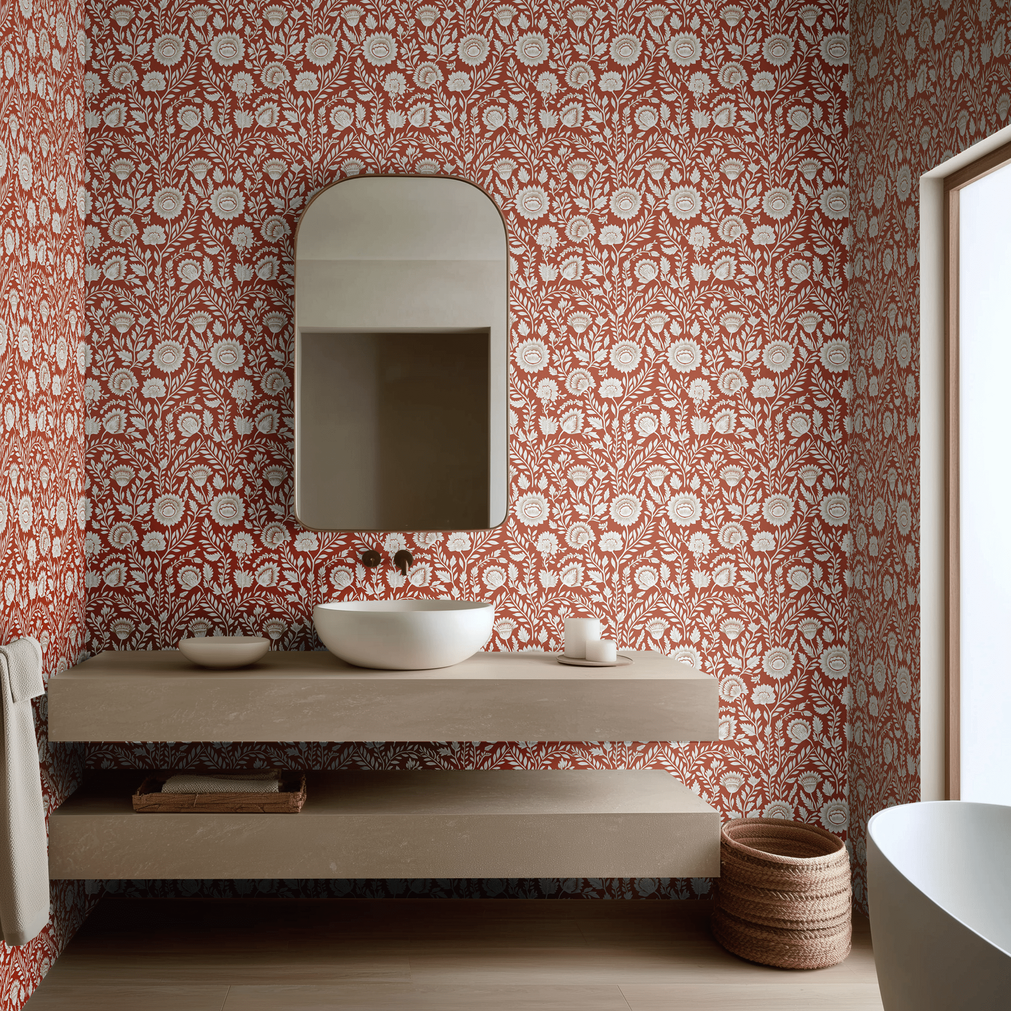 Papel tapiz Flores Blancas Fondo Terracota