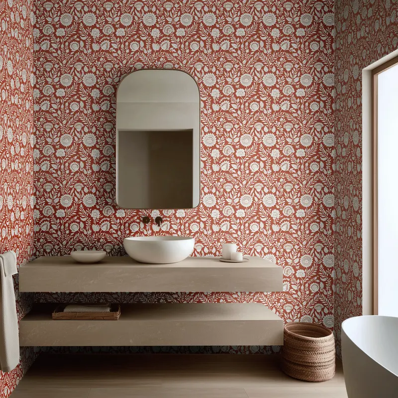 Papel tapiz Flores Blancas Fondo Terracota
