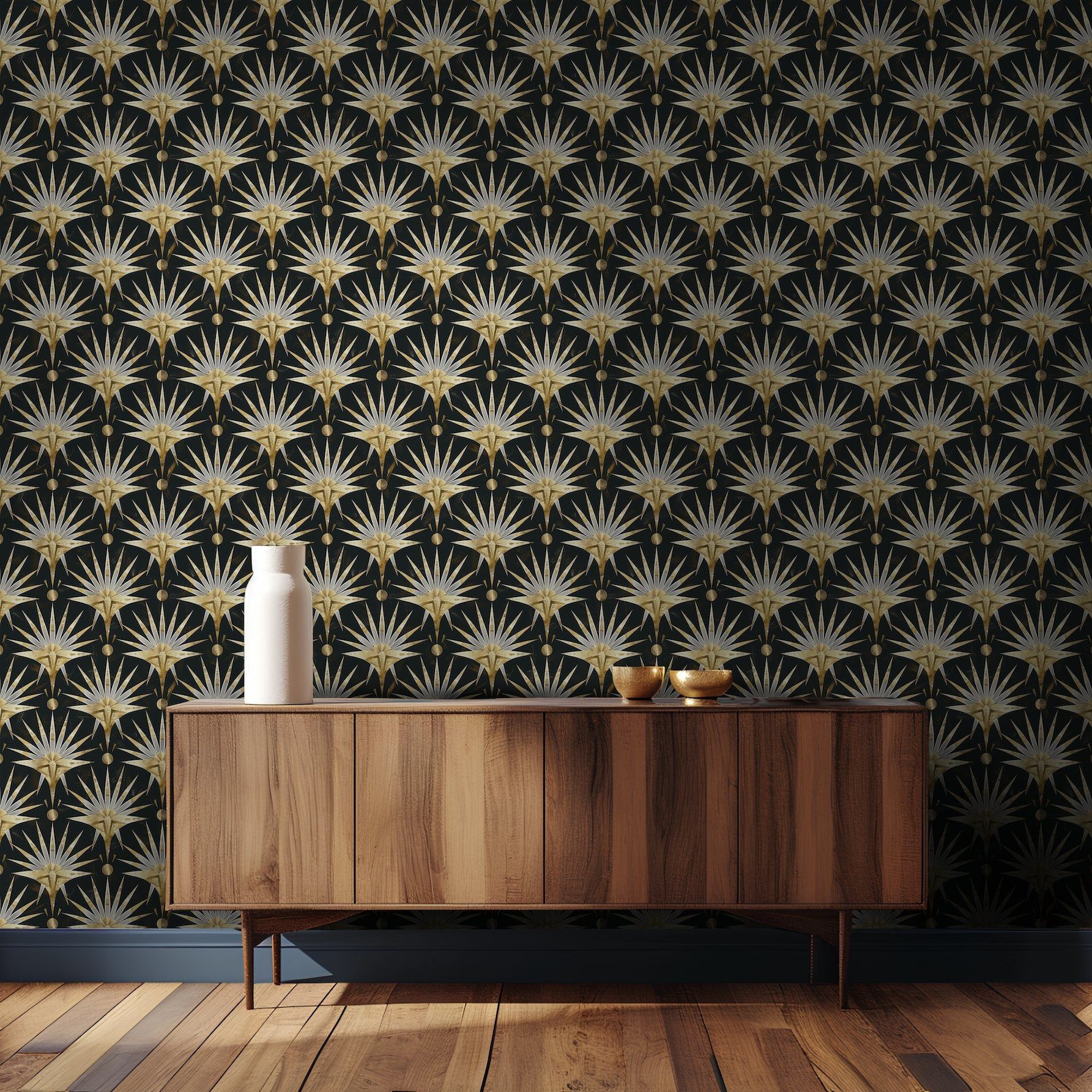Papel tapiz Abanicos Art Déco Oro y Negro