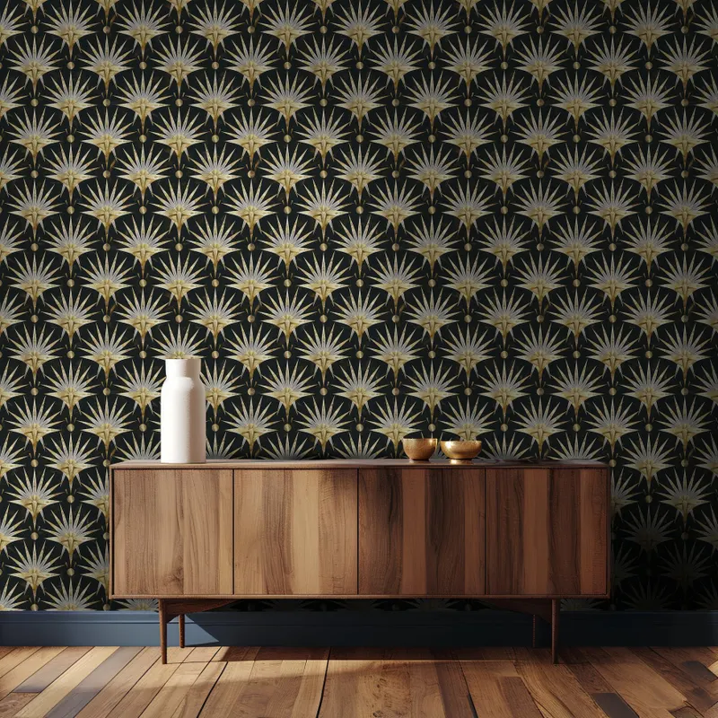 Papel tapiz Abanicos Art Déco Oro y Negro