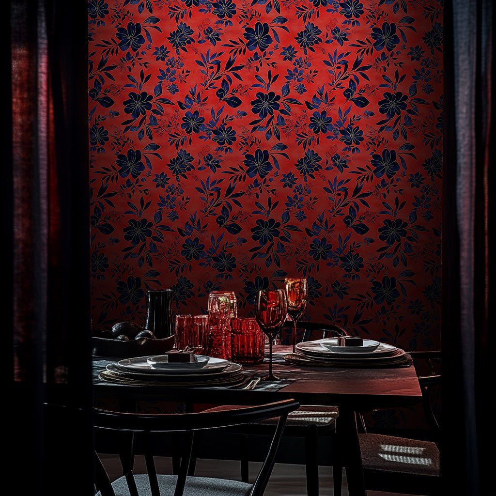 Papel tapiz Flores Azules Fondo Rojo