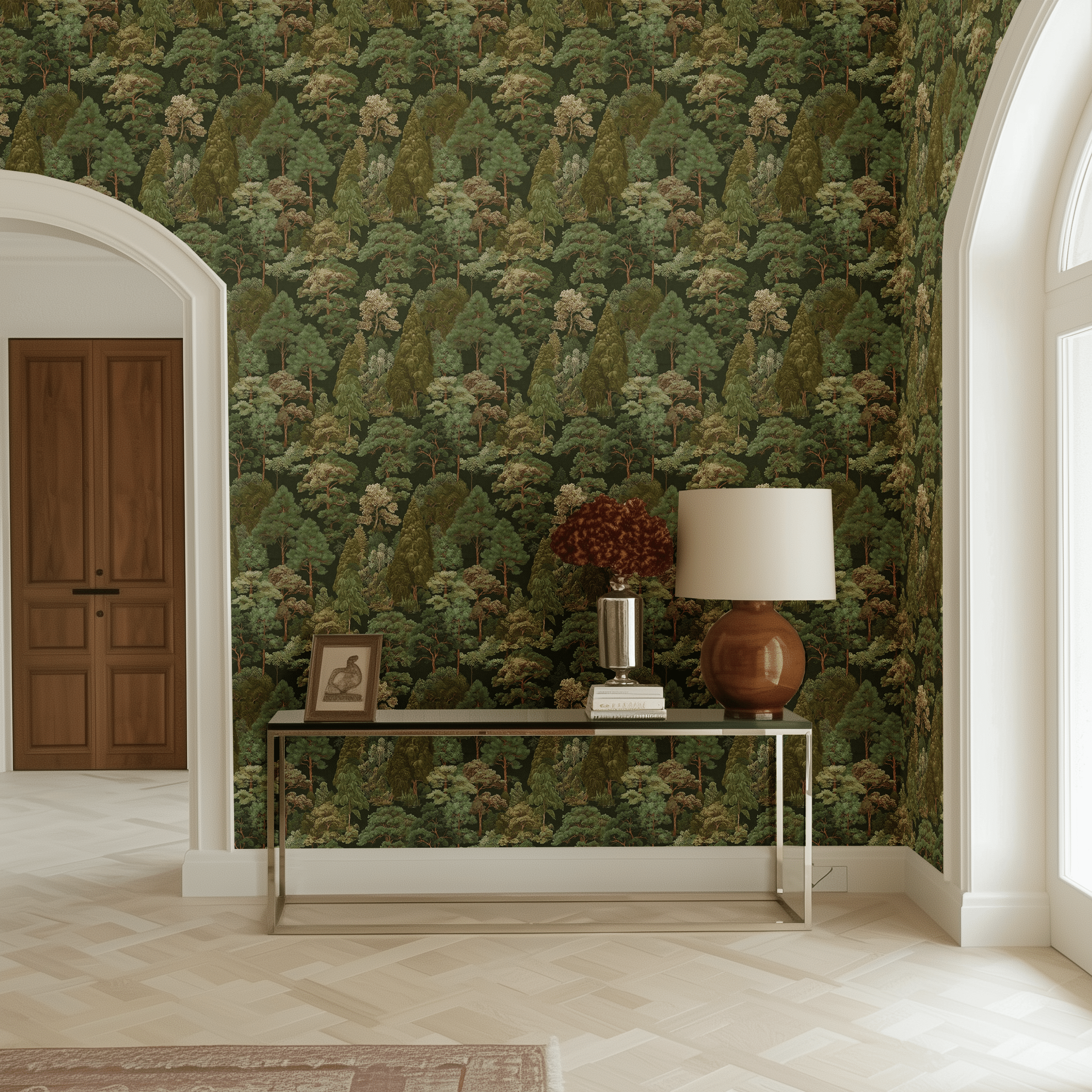 Papel tapiz Bosque Ilustrado Verde Oscuro