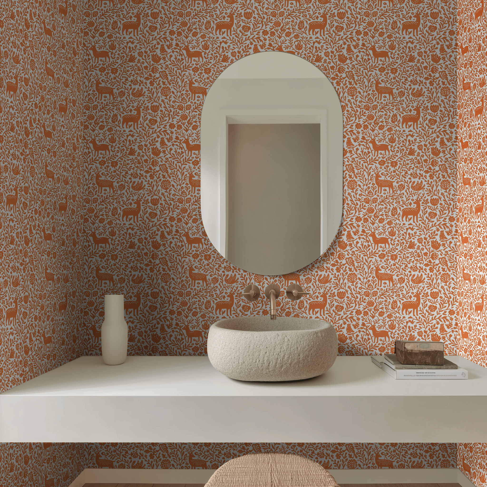 Papel tapiz Ciervos y Flores en Coral