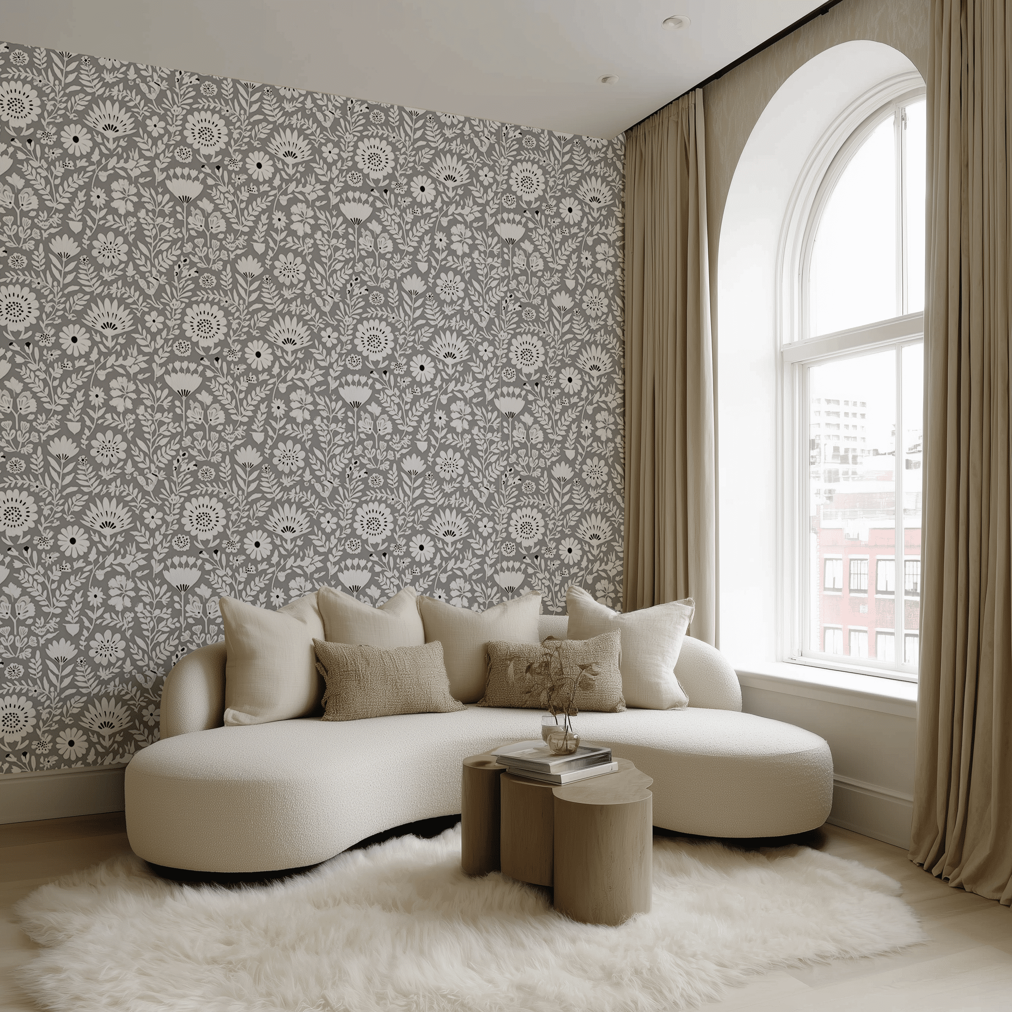 Papel tapiz Flores Blancas Fondo Gris