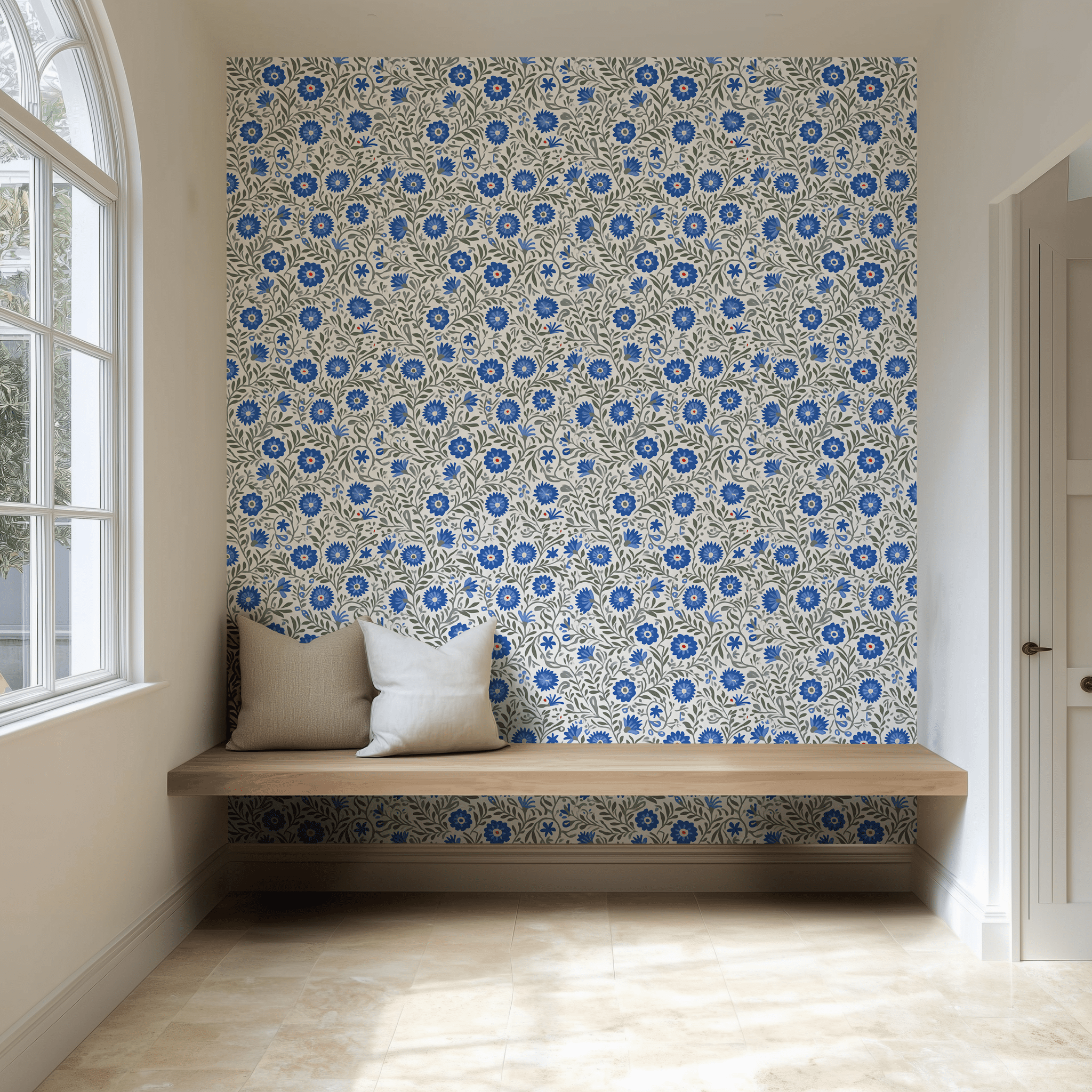 Papel tapiz Flores Azules y Ramas Grises