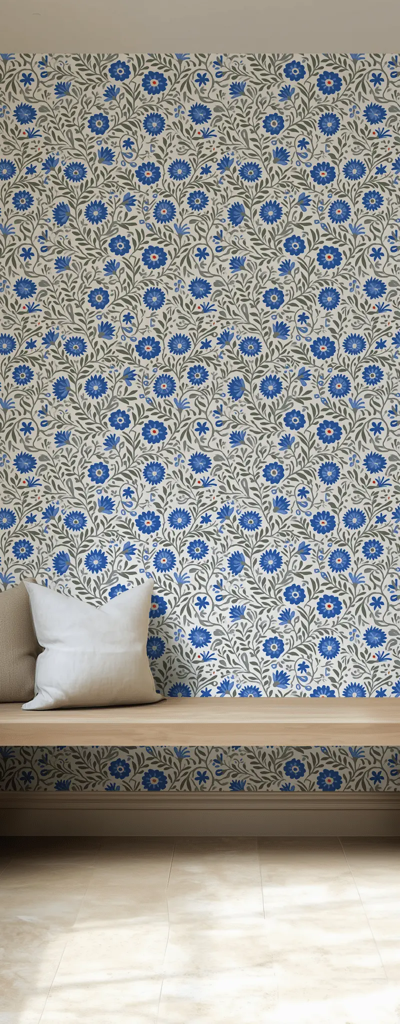 Papel tapiz Flores Azules y Ramas Grises