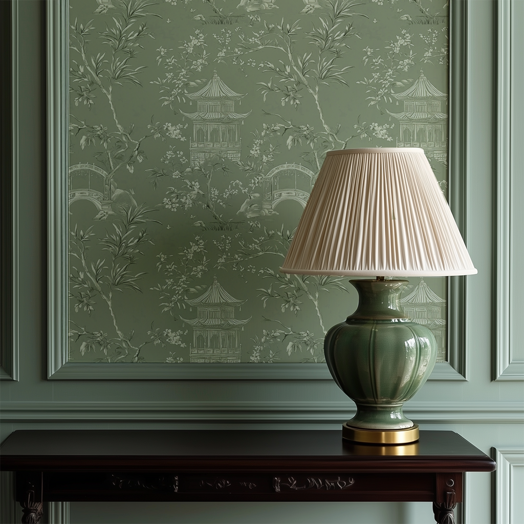 Papel tapiz Escena Oriental Verde Salvia