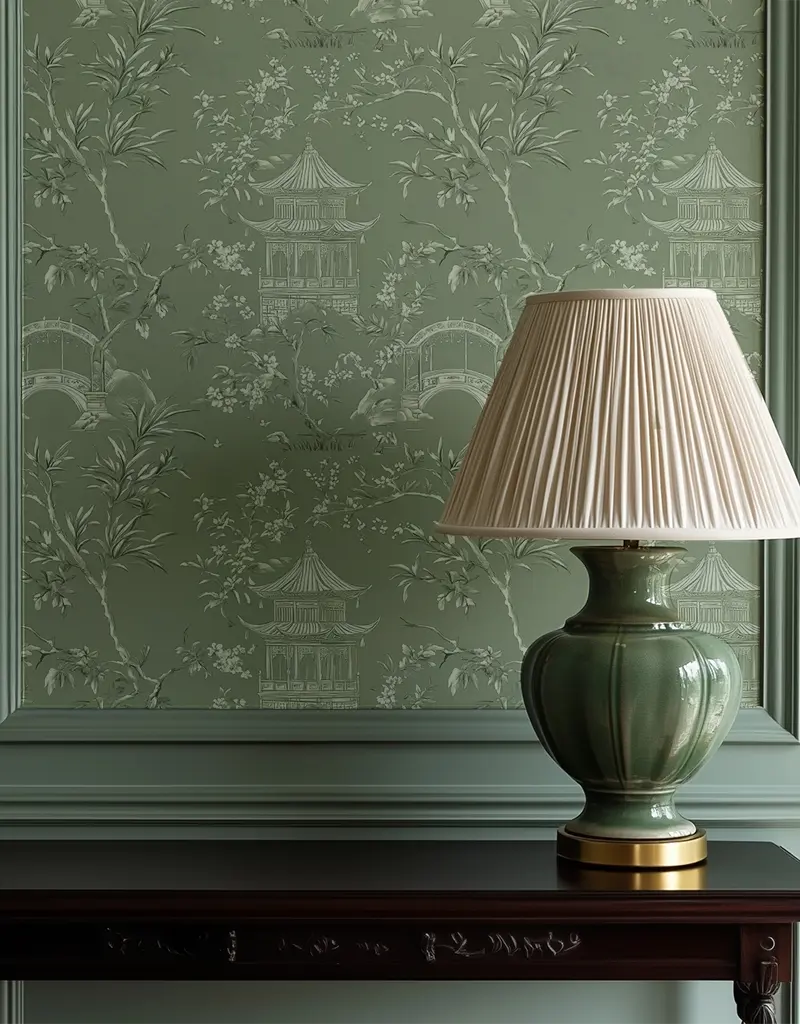 Papel tapiz Escena Oriental Verde Salvia