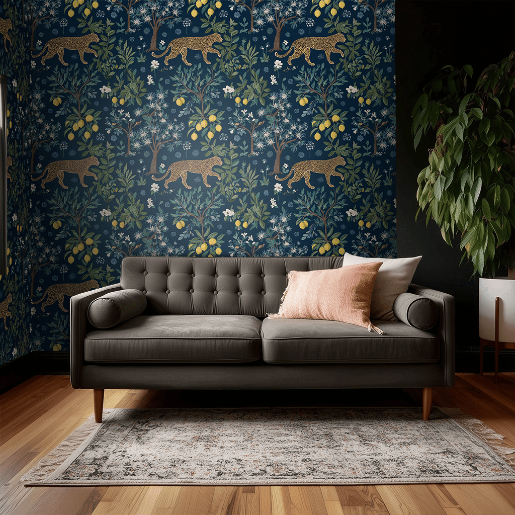 Papel tapiz Felinos y Cítricos Fondo Azul