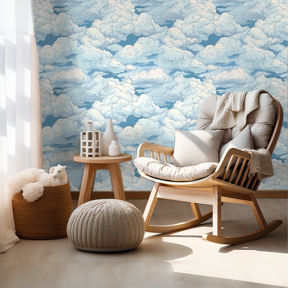 Papel tapiz Nubes Ilustradas Blanco y Azul