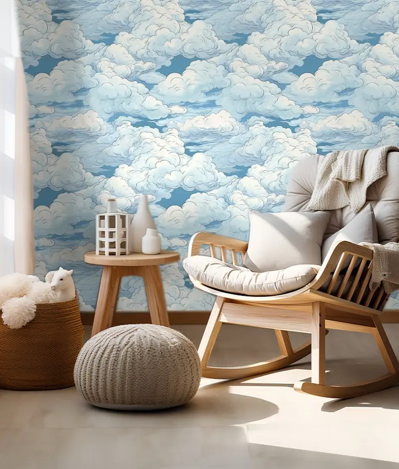 Papel tapiz Nubes Ilustradas Blanco y Azul