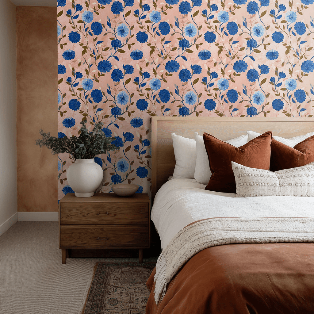 Papel tapiz Flores Azules Fondo Durazno