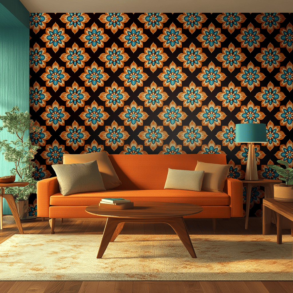 Papel tapiz Flores Retro Naranja y Aqua