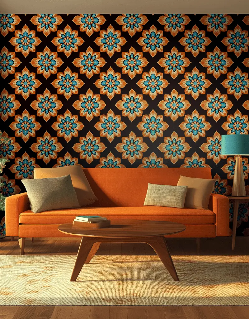 Papel tapiz Flores Retro Naranja y Aqua