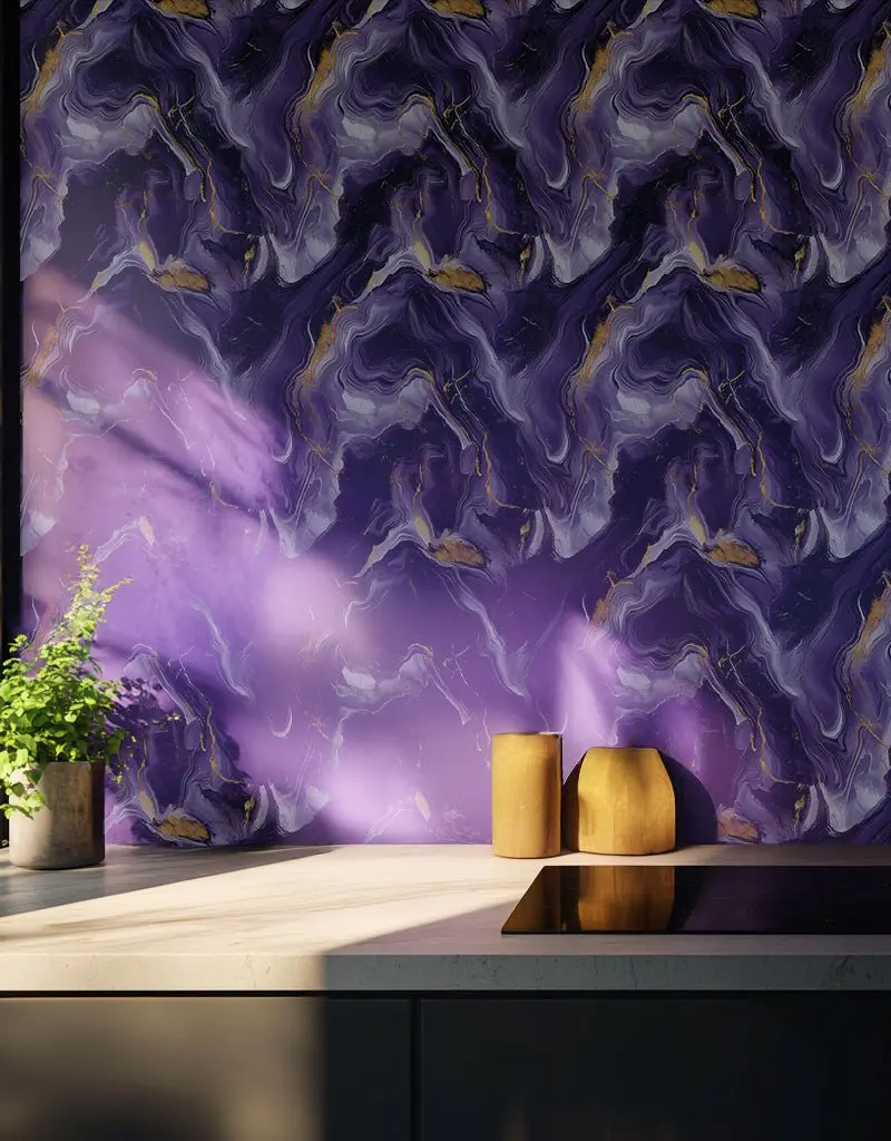 Papel tapiz Mármol Violeta y Vetas Doradas