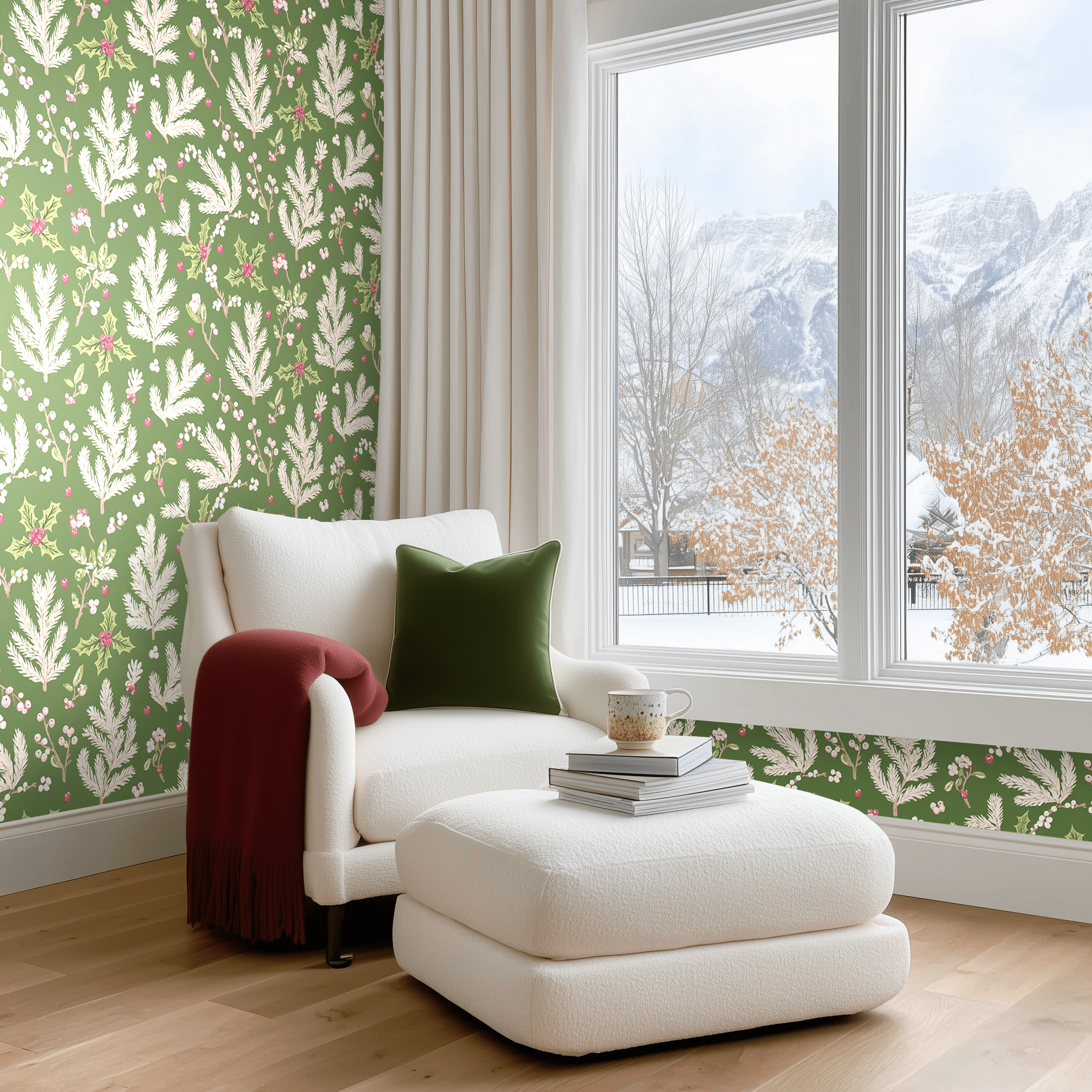 Papel tapiz Ramas Navideñas Verde Oliva