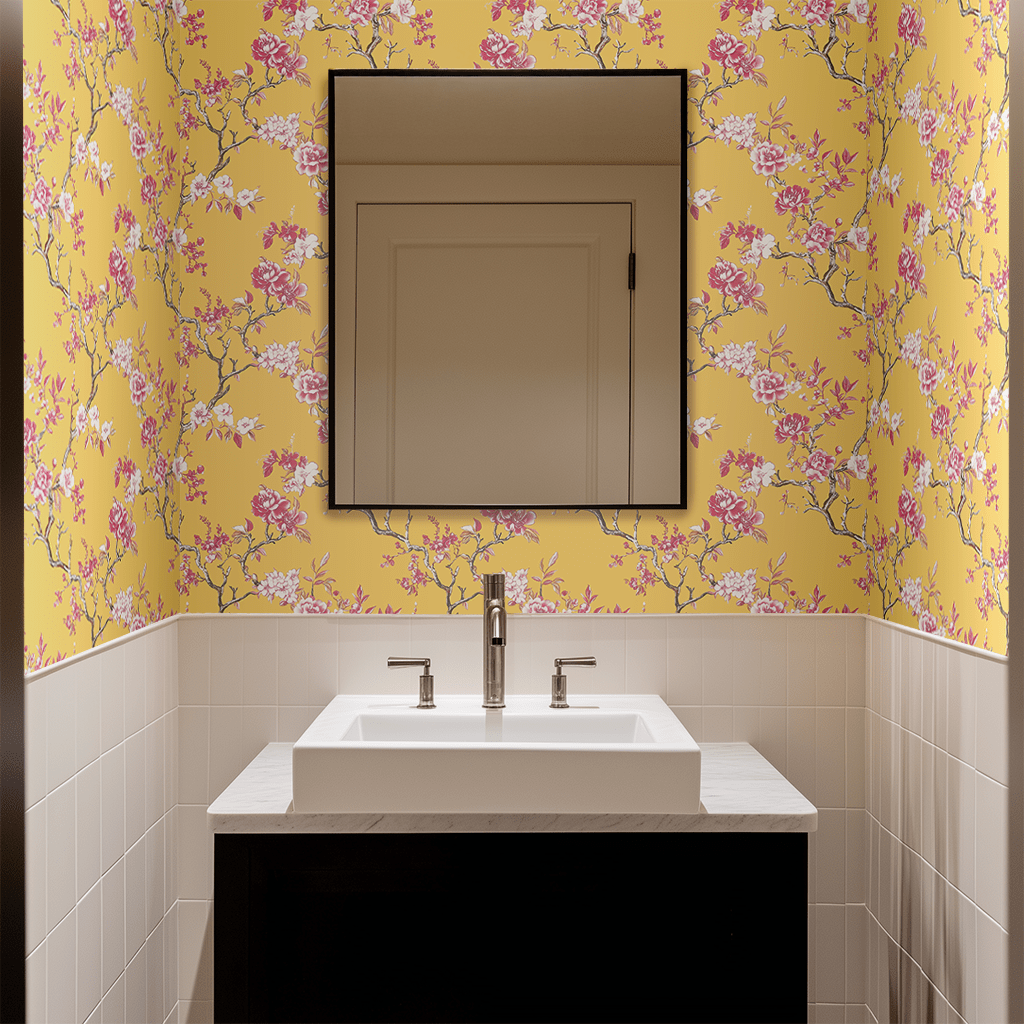Papel tapiz Flores Rosa Fondo Amarillo
