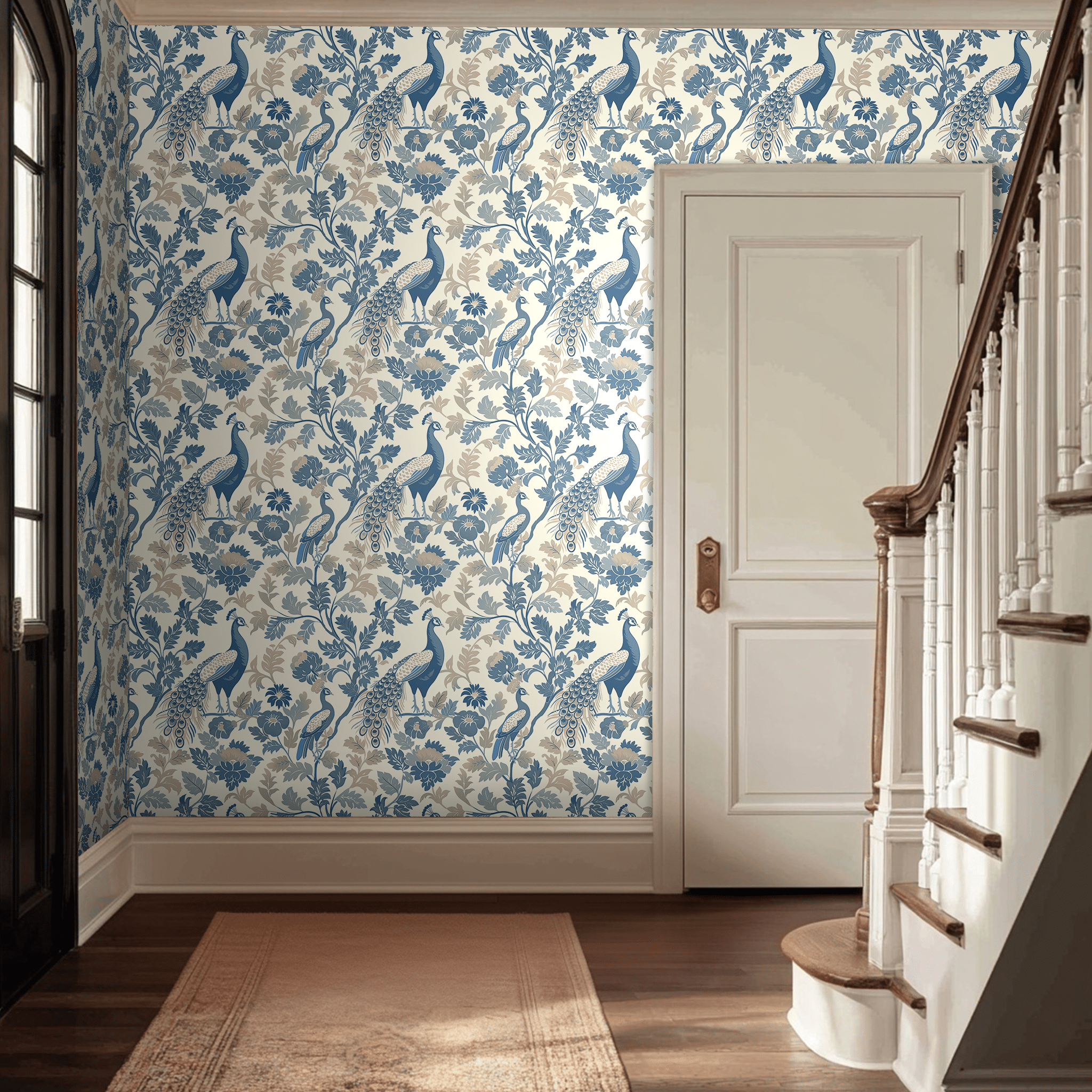 Papel tapiz Pavos Reales y Flores Azules