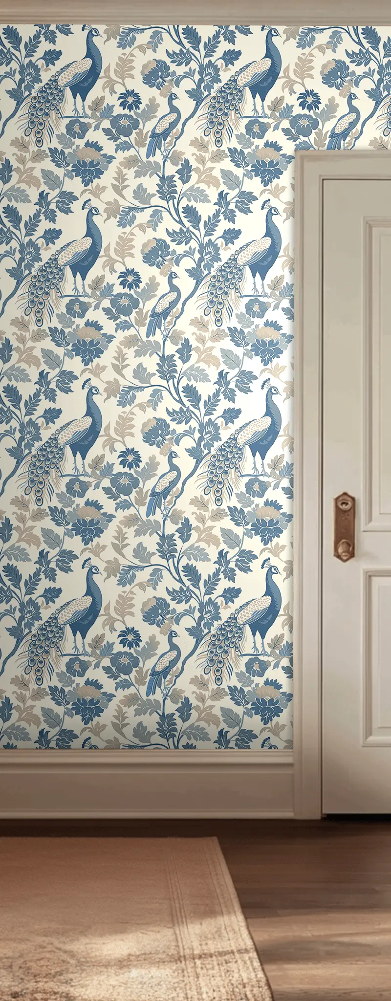 Papel tapiz Pavos Reales y Flores Azules