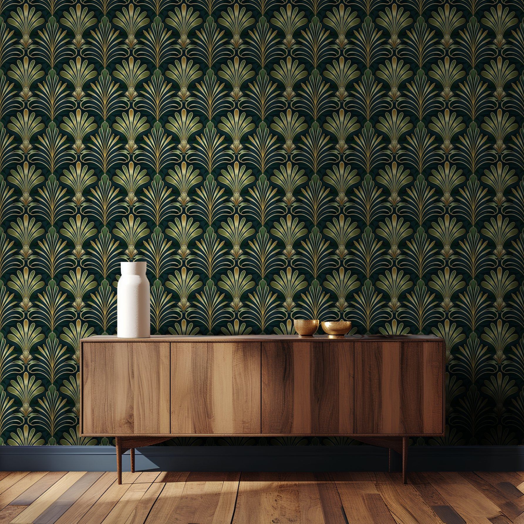 Papel tapiz Abanicos Dorados Fondo Verde