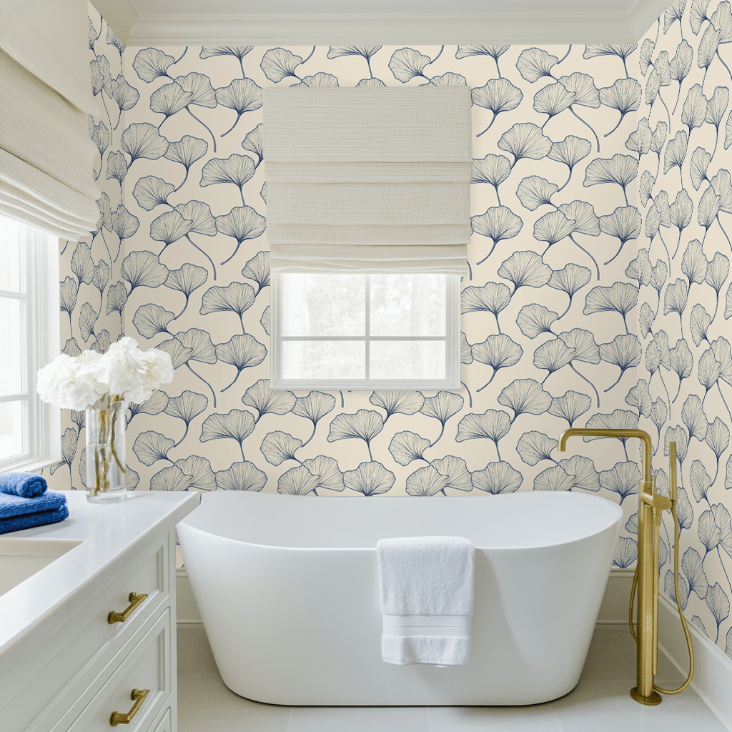 Papel tapiz Hojas de Ginkgo Azul y Crema