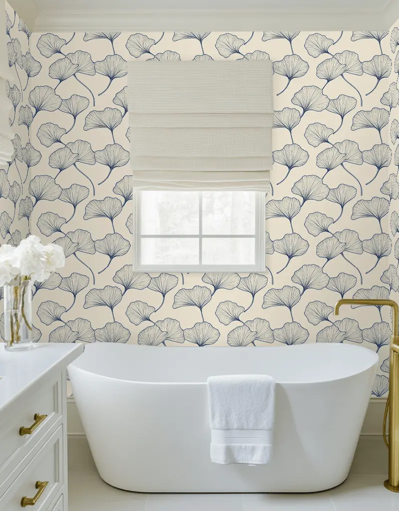 Papel tapiz Hojas de Ginkgo Azul y Crema