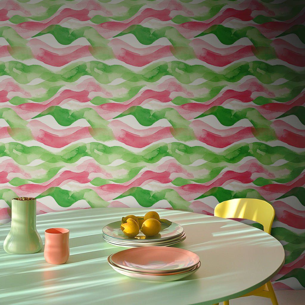 Papel tapiz Ondas Rosa y Verde Acuarela