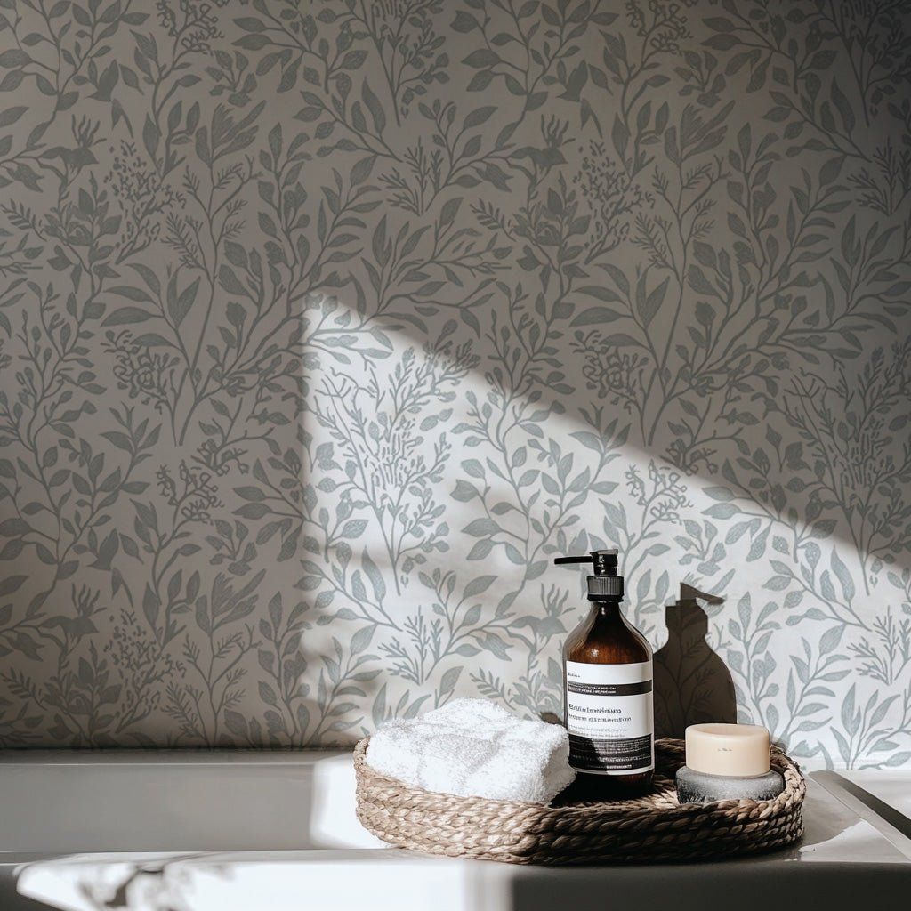 Papel tapiz Ramas y Flores Gris Claro