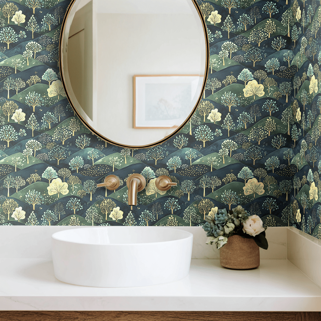 Papel tapiz Bosque Ilustrado Verde y Oro
