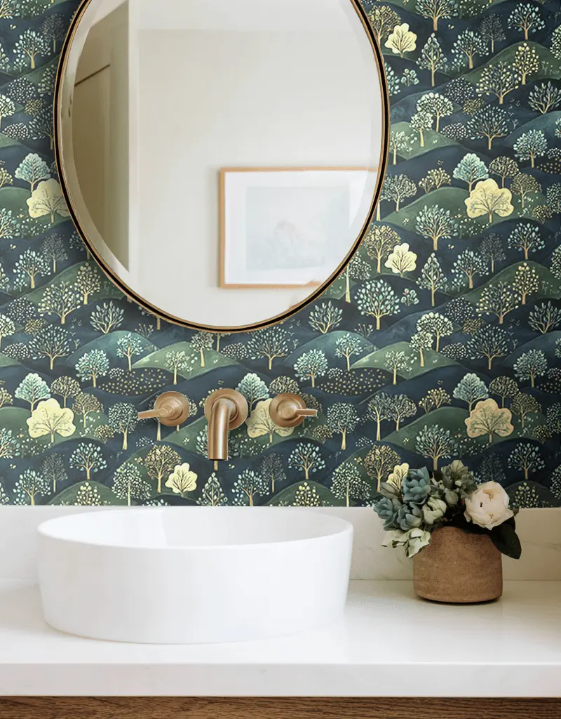 Papel tapiz Bosque Ilustrado Verde y Oro