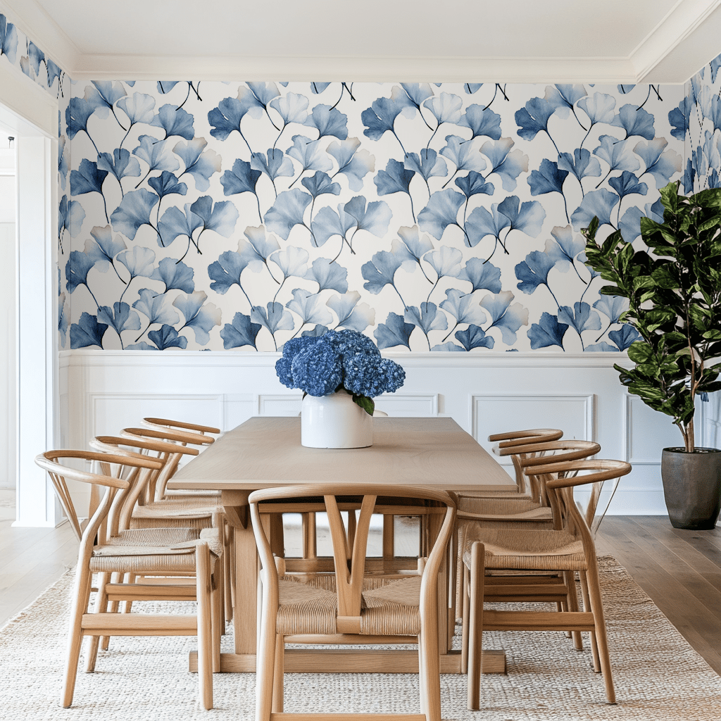 Papel tapiz Ginkgo Azul Efecto Acuarela