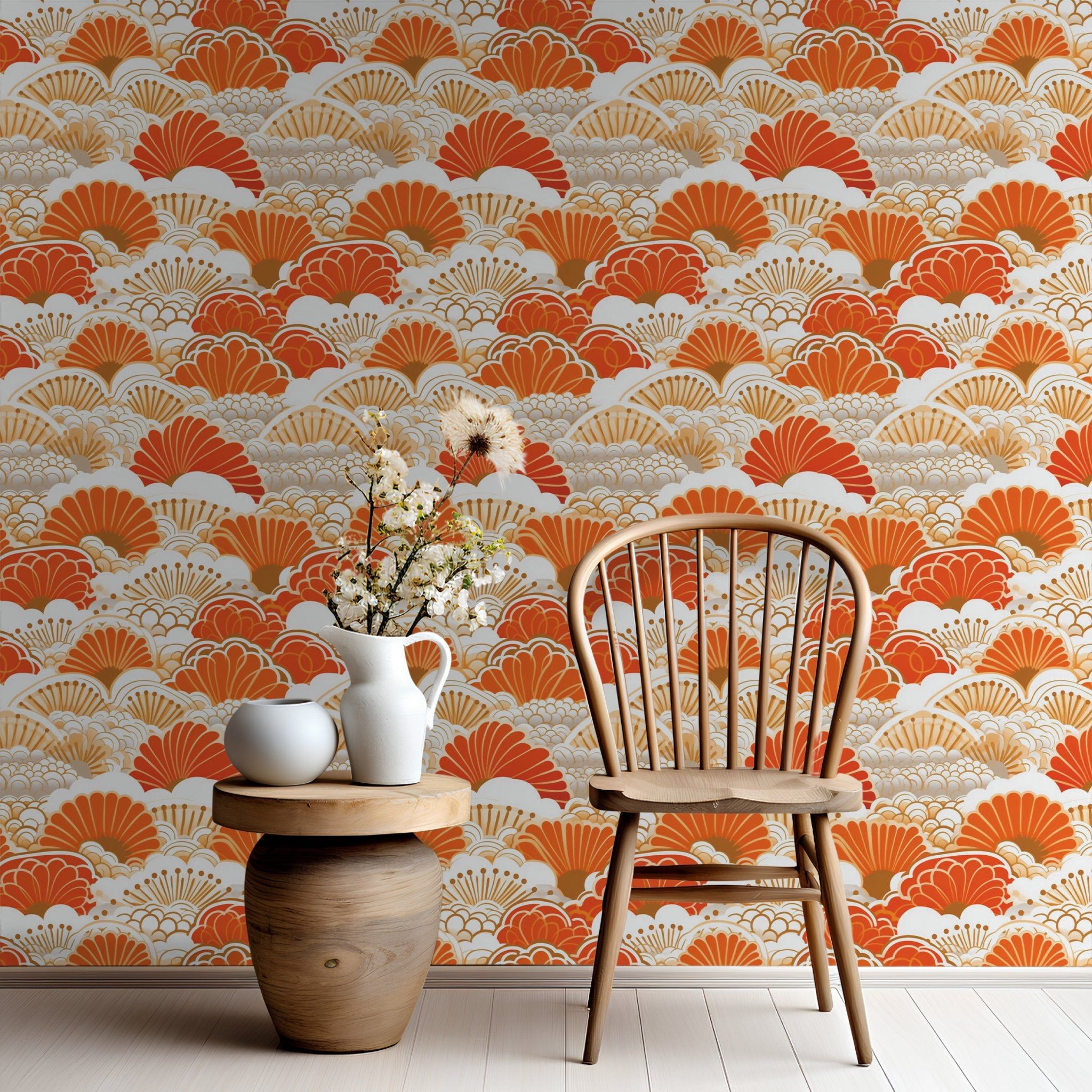 Papel tapiz Abanicos Naranja y Marfil