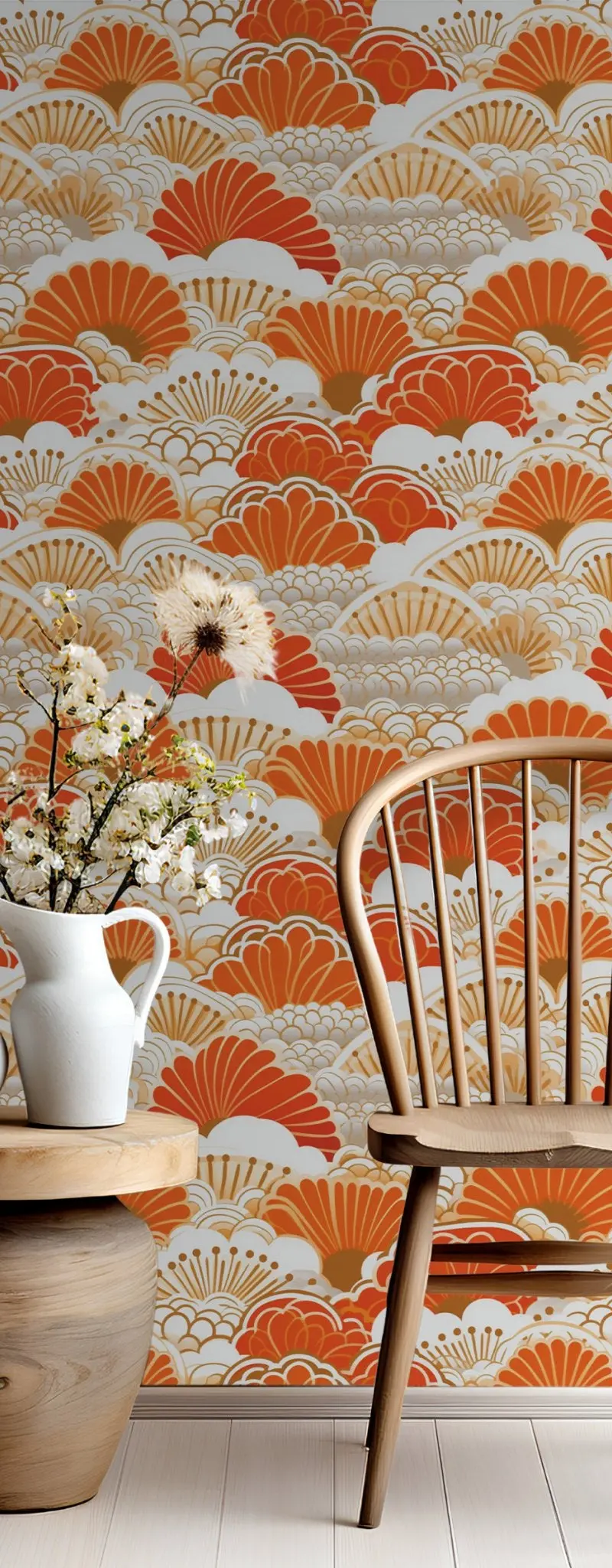 Papel tapiz Abanicos Naranja y Marfil