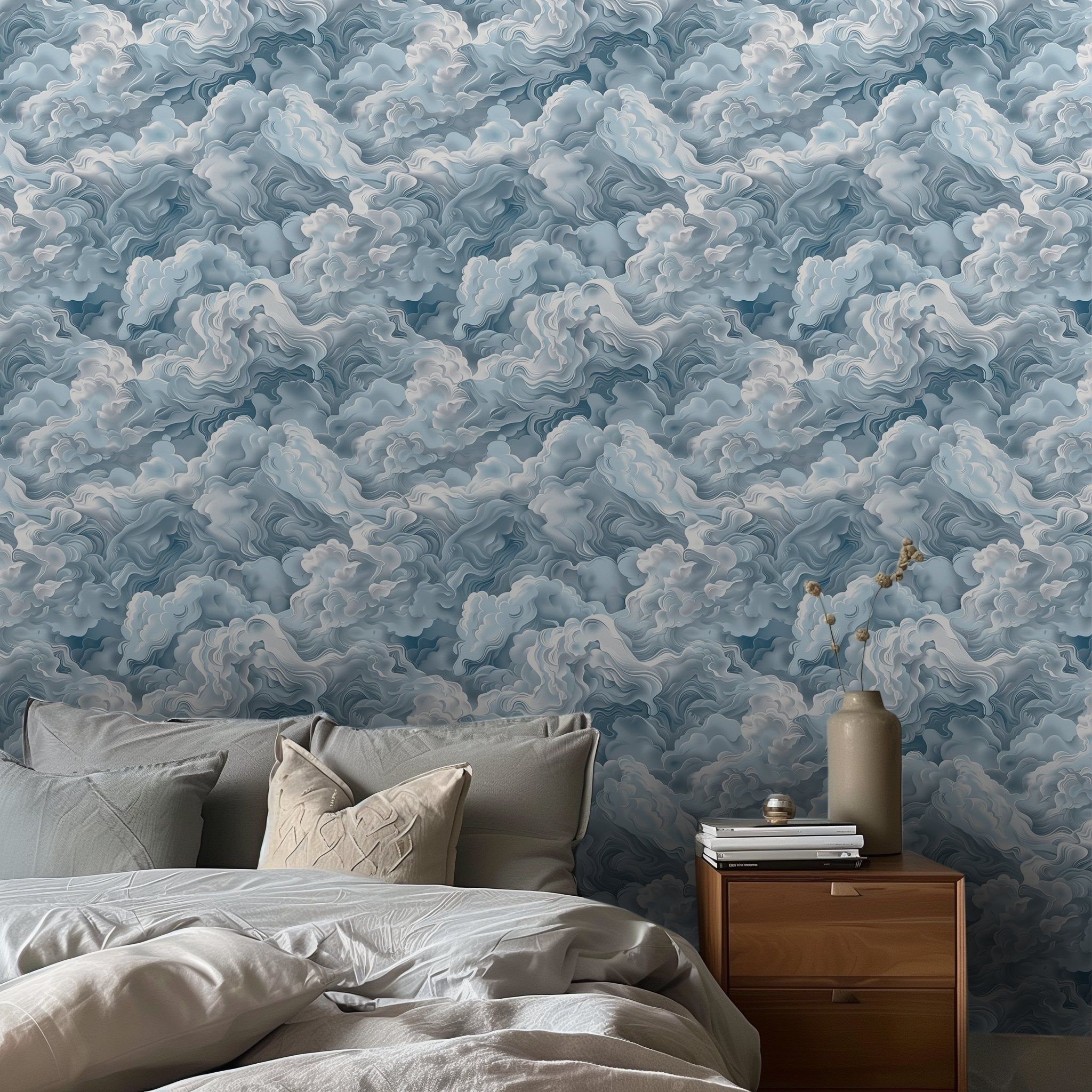 Papel tapiz Nubes Onduladas Azul y Marfil