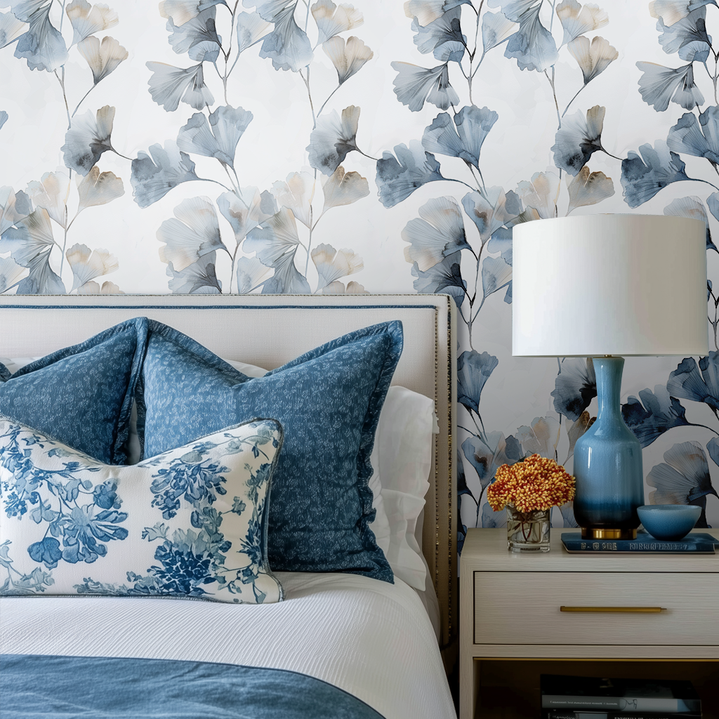 Papel tapiz Ginkgo Azul Gris y Arena