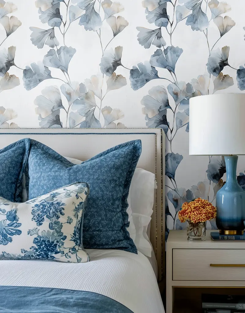 Papel tapiz Ginkgo Azul Gris y Arena