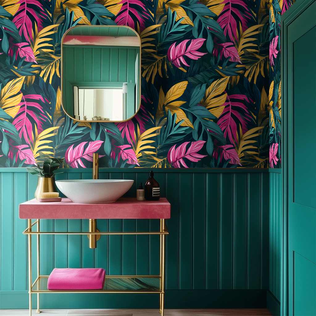 Papel tapiz Hojas Tropicales Fucsia y Aqua