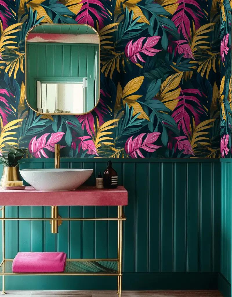 Papel tapiz Hojas Tropicales Fucsia y Aqua