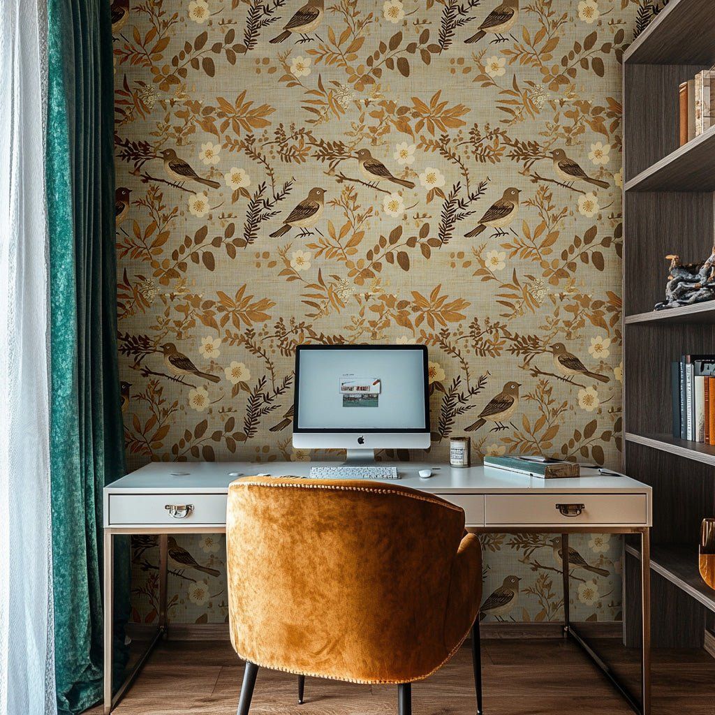 Papel tapiz Aves y Ramas Ocre en Arena