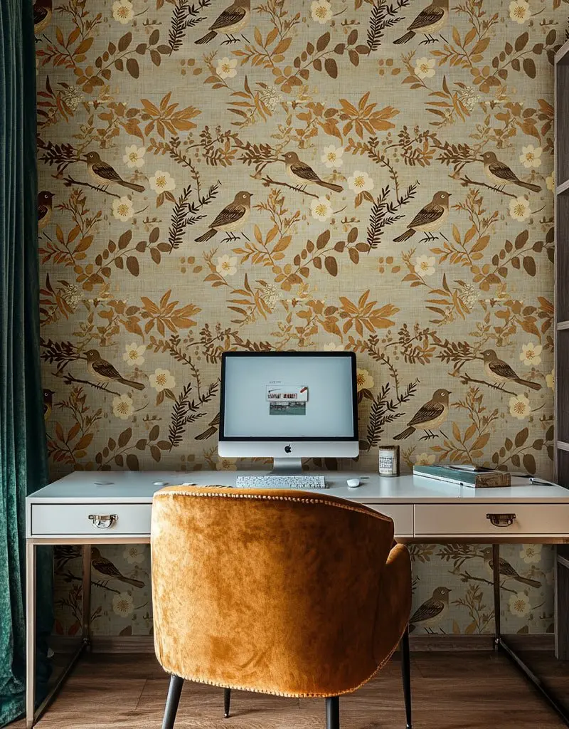 Papel tapiz Aves y Ramas Ocre en Arena