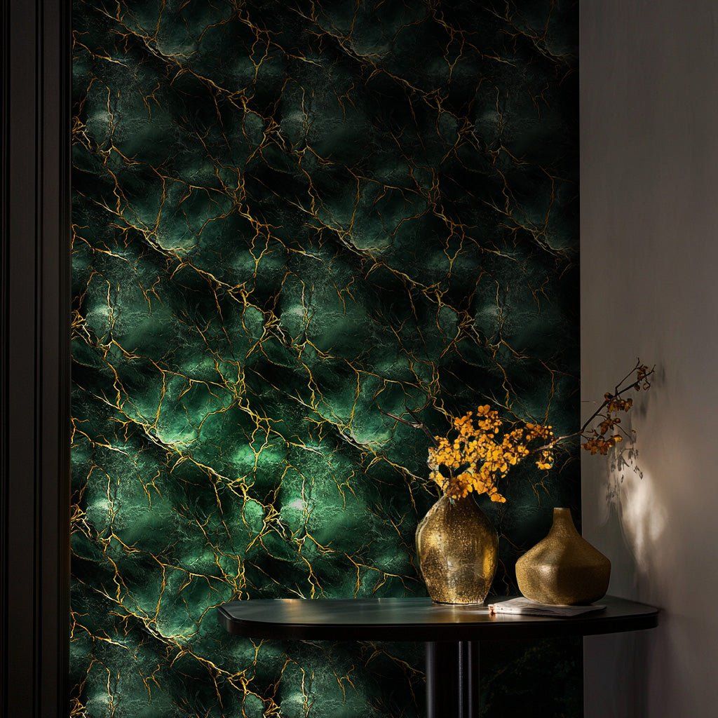 Papel tapiz Mármol Verde Oscuro Vetas Oro