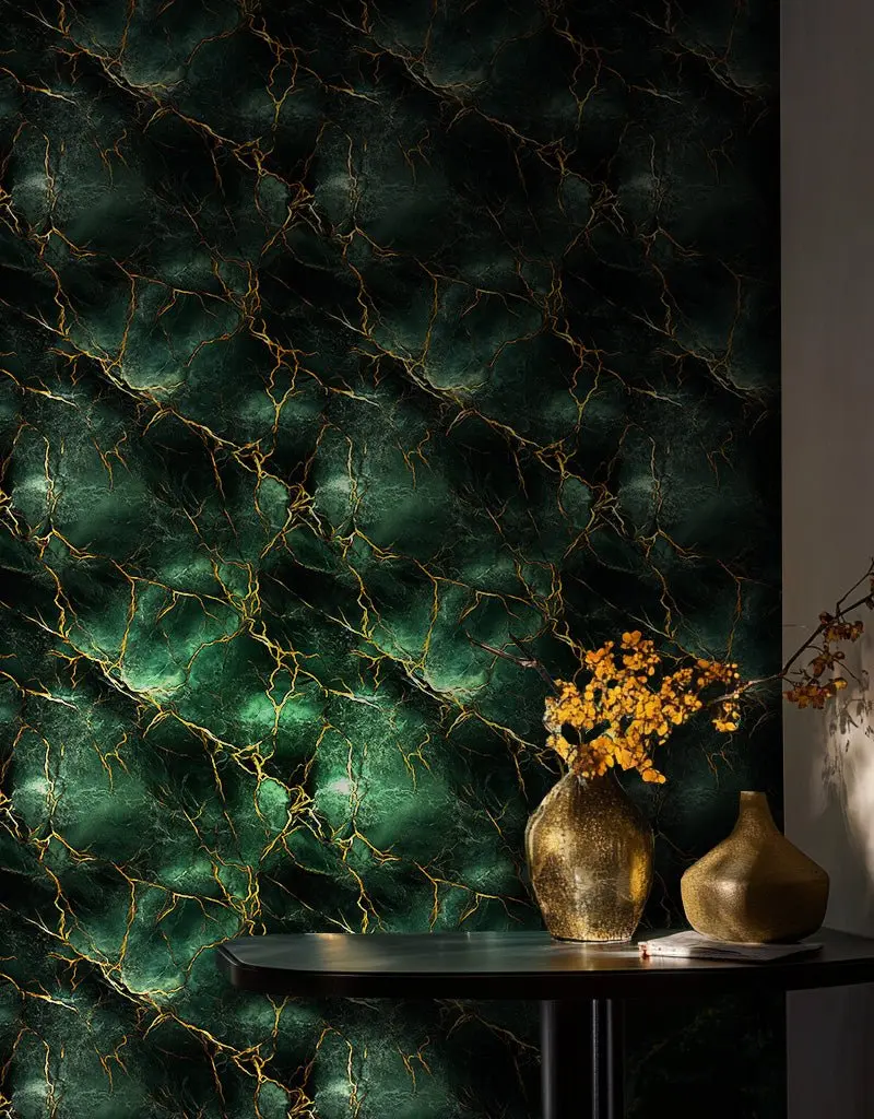 Papel tapiz Mármol Verde Oscuro Vetas Oro